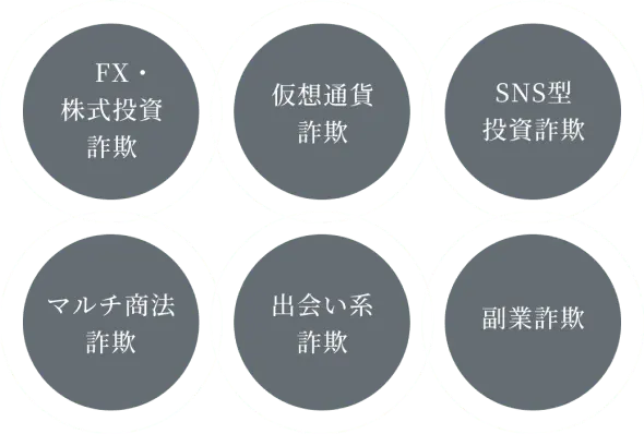 FX・株式投資詐欺、仮想通貨詐欺、SNS型投資詐欺、マルチ商法詐欺、出会い系詐欺、副業詐欺